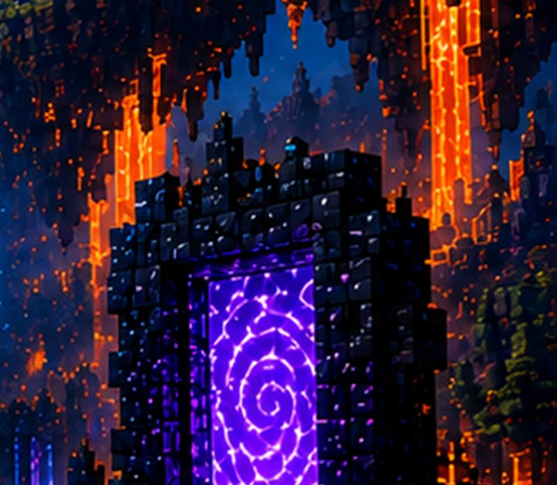 Een Nether-portal tussen lava en zwevende forten